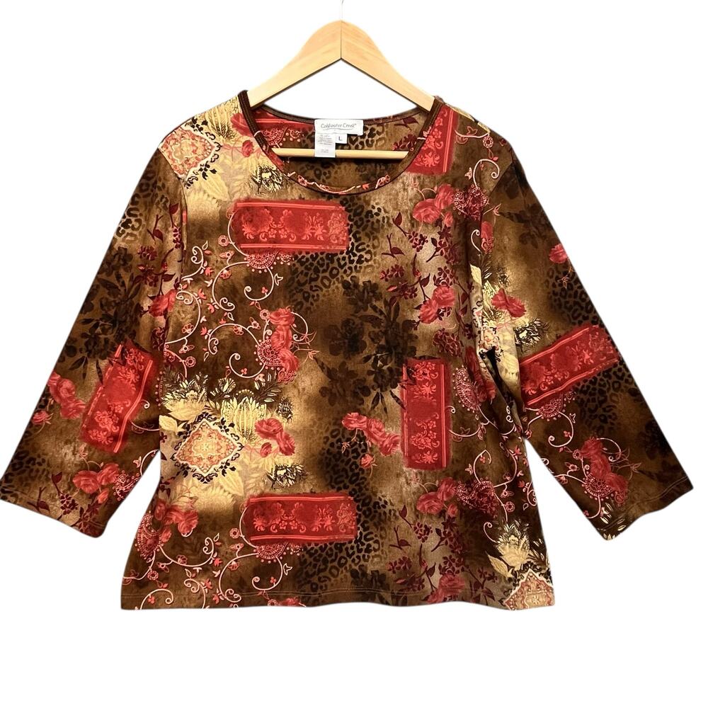 Coldwater Creek Y2K Boho Baroque Floral Leopard Stretch Brown Red Print Top‎ L